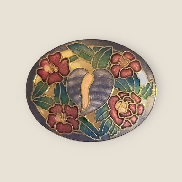 Vintage Gold Tone Cloisonne Tropical Arthurium Flowers Large Brooch Lapel Pin - Picture 9 of 10